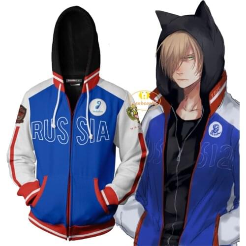 Anime YURI on ICE Yuri Plisetsky Cosplay Costume Zipper Hoodie Sweater Russia Oversize Pullover Autumn Winter Sports Jacket