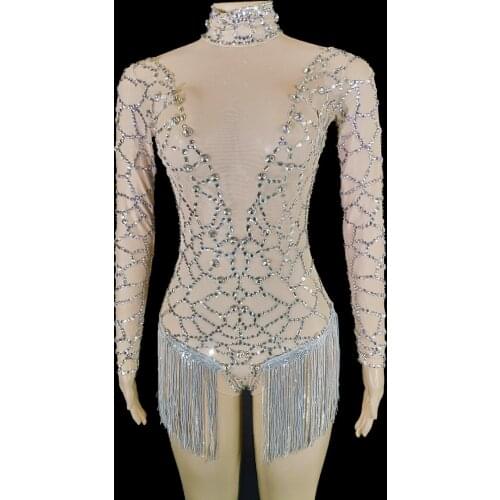 Sparkly Rhinestone Fringes Bodysuit Dance Costume Long Sleeve See Through Nightclub Outfit Tassel Clothes Party Show Stage Wear