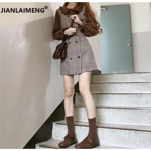 Girl Plaid blouse Vintage Dress New Sleeveless suits Women Dresses Female Dress suits braces Robe Femme Vestido Sell separately