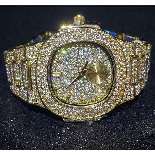 Hip Hop MISSFOX Fully Iced Out Mens Watches Nautilus Luxury Brand Stainless Steel Unique Quartz Wristwatches Gold Business Watch