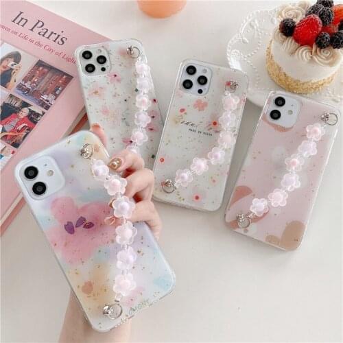 Fashion Flower Wrist Strap Phone Case For iPhone 11 12 Pro Max XS Max 7 8 Plus SE 2020 X XR 12 Mini Vintage Marble Back Cover