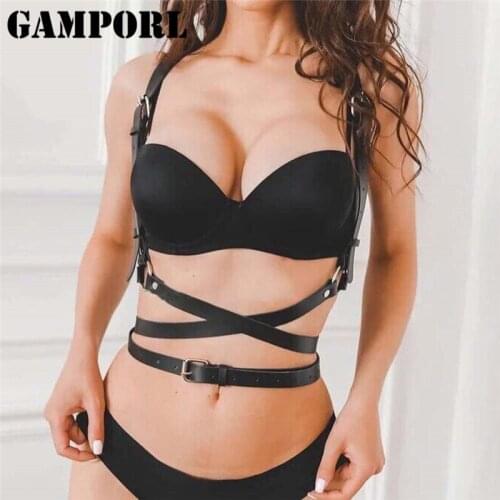 GAMPORL Women Body Harness Lingerie Sexy Leather Chest Harness Cage Body Straps Harajuku Gothic Suspenders Garter Belt Stockings