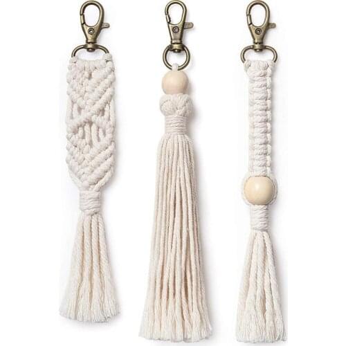 3 Pieces Mini Macrame Keychains Boho Macrame Bag Charms with Tassels Handcrafted Accessory for Car Key Purse