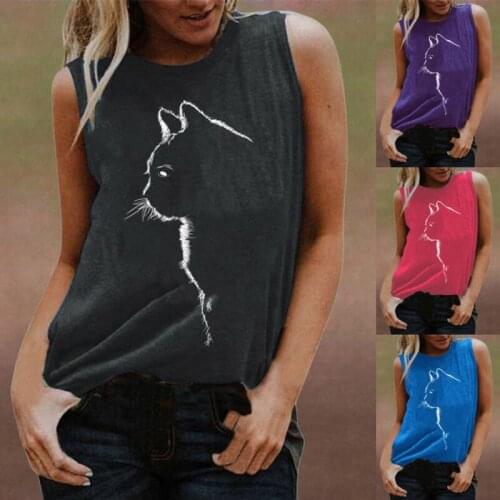Summer Cat Printes Sleeveless Tops Women Chic Casual Round Neck Tank Shirts Loose Beach Vest Tshirt Clothing Plus Size