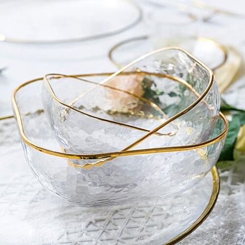 MDZF SWEETHOME Nordic Golden Border Salad Bowl Transparent Glass Fruit Plate Dessert Round Square Bowl Tableware