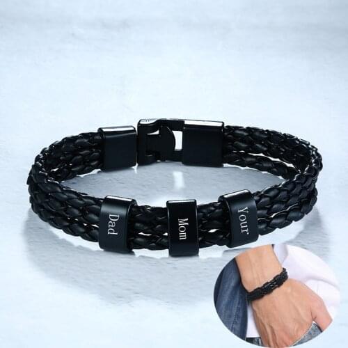 Men Personalized Custom Name Bracelets Stainless Steel Engraved 2-5 Beads Braided Rope Bangles For Friend Family Gift