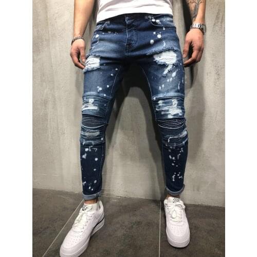 Mens Jeans Painted Skinny Fit Ripped Pleated Knee Patch Denim Pants StretchPencil pants Hip Hop Draped Jeans Male