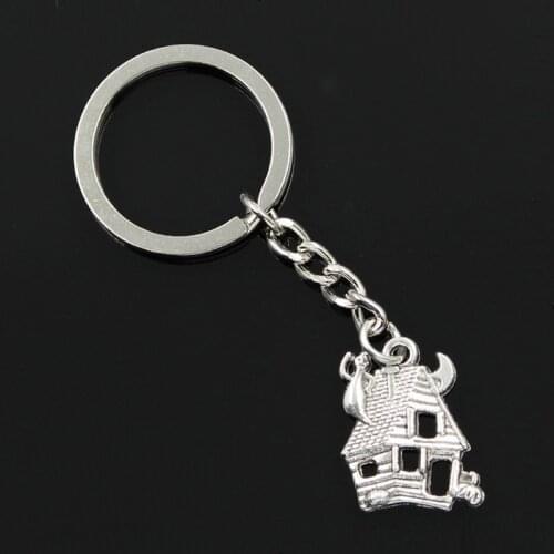 New Fashion Men 30mm Car Keychain DIY Metal Holder Chain Vintage Haunted House 23x19mm Silver Color Pendant Gift