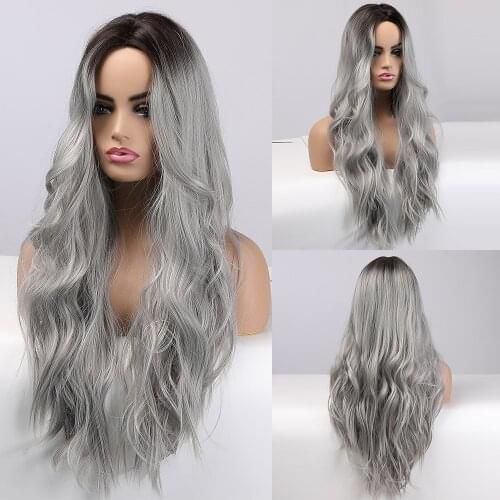 LOUIS FERRE Platinum Blonde Synthetic Wig Long Natural Wave Silver Grey Wigs for Women Middle Part Cosplay Heat Resistant Fibre