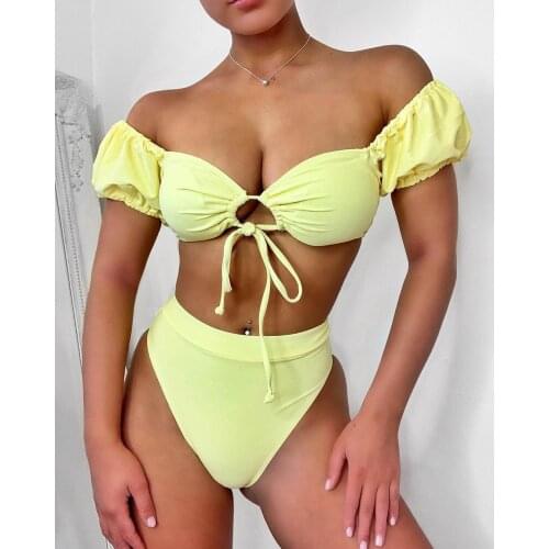 Sexy Strapless High Waist Bikini Set Women Crop Top Off Shoulder Bathing Suits Printed High Cut Out Swimwear Two Piece Swimsuit
