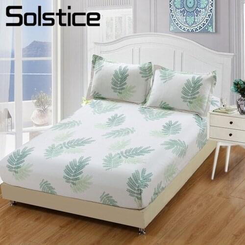 Solstice Home Textile Bed Fitted Sheet 100% Cotton Kid Teenage Girl Woman Bedding Mattress Cover Fern Foliage Leaf Pattern White