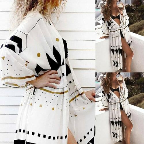 Fashion Women Boho Floral Loose Shawl Kimono Cardigan Top Long Sleeve Casual Beach Cover up Blouse