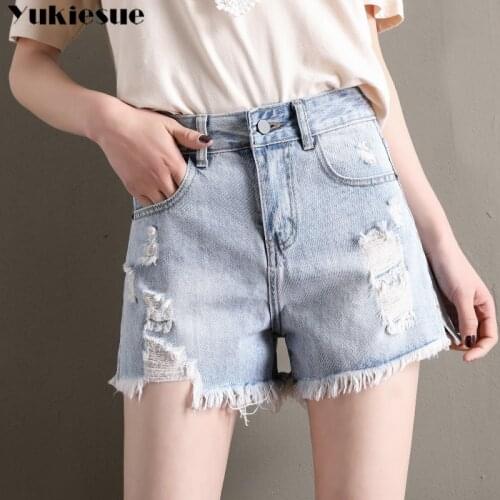 Summer denim shorts women ripped high waist Jean shorts female loose hole jeans shorts with pockets casual plus size split up