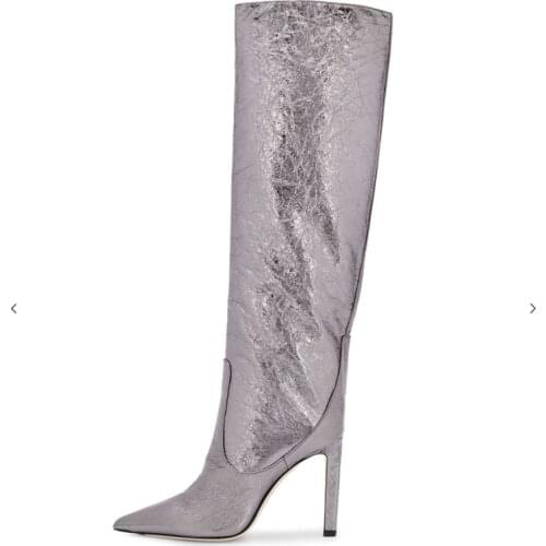 Women Autumn Winter Leather Knee High Boots Pointed Toe Thin Heel Slip On Party Club Ladies Warm Footwear Silver
