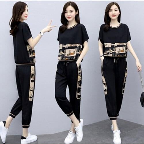 Summer Large Size Women Sets 2020 Fashion Casual Female Sportswear Suit Printed Short Sleeve Tshirts+ Pants Two-piece Set W2057