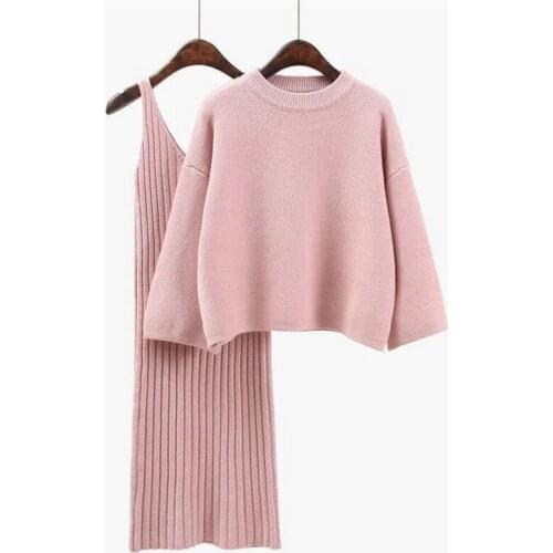 2020 Autumn Womans Sweater + Straped Dress Sets Solid Color Female Casual Two-Pieces Suits Loose Sweater Knit Mini Dress Winter