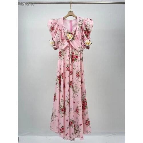 2021 Summer Runway Long Dress Women Flowers Print V-Neck Short Puff Sleeve Pink Dress Bodycon Folds Vestidos