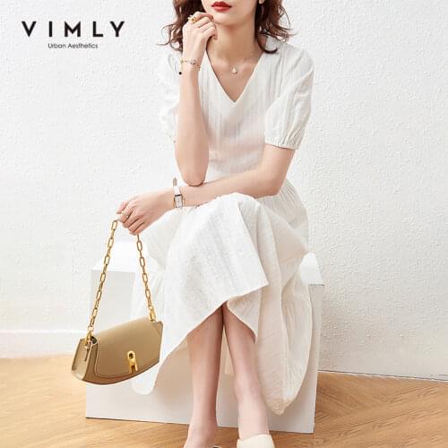VIMLY Summer White Dress For Women Elegant V Neck Puff Sleeve Vintage Dress Office Lady Aline Long Dresses Female Vestidos F7156