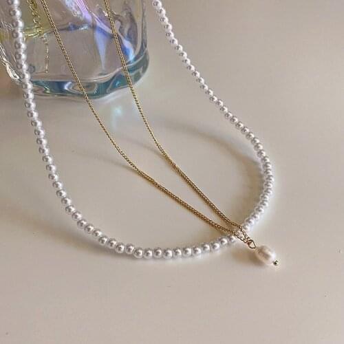 VSnow Unique Design Double Layer Beaded Pearls Pendant Necklace for Women Textured Irregular Gold Color Necklace Jewelry Gifts