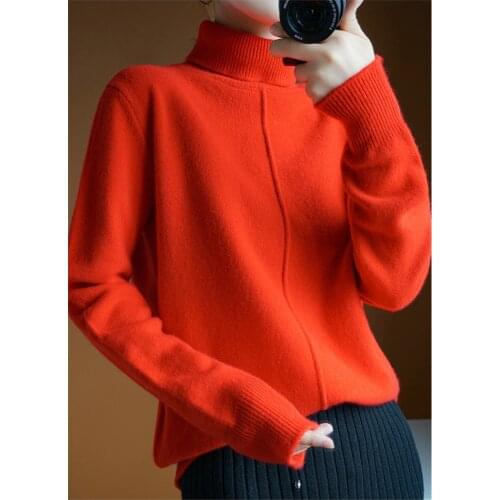 100%merino wool knit women wide loose sweater pullover high collar solid color all-match S-2XL