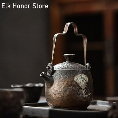 230ml Vintage Coarse Ceramic Loop-handled Teapot Handmade Gilding Japanese Style Household Teakettle Kung Fu Tea Pu'er Teaset