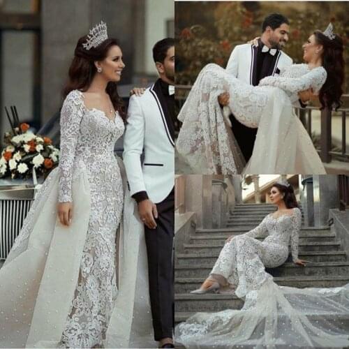 2020 Arabic Mermaid Wedding Dresses with Detachable Train Plus Size Lace Long Sleeves Dubai Vintage Wedding Gowns Robe De Mariee