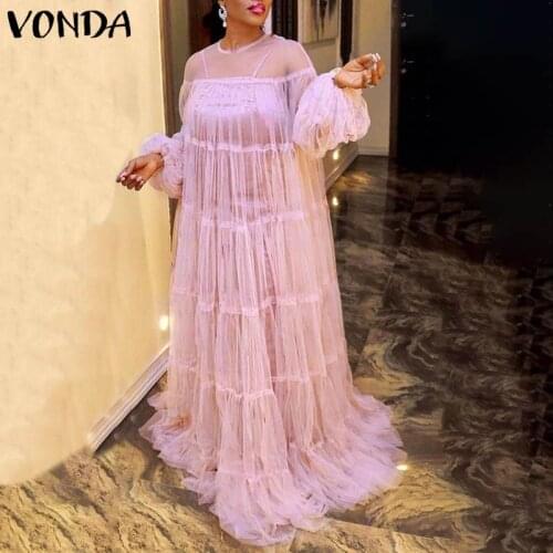 Bohemian Maxi Long Dress 2021 VONDA Summer Sexy Long Robe Femme Lantern Sleeve Floor-Length Party Dress Beach Vestido