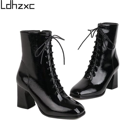 LDHZXC Black Ankle Boots Autumn Square High Heels Female Round Toe PU Leather Boots Ladies Casual Shoes Woman Boots