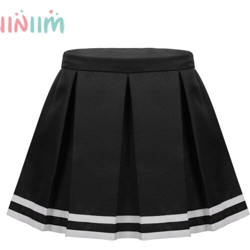 Kids Girls School Uniform Tutu Skirts Pleated Side Zipper Closure Cheerlearding Skirt with Stripe Trim Childrens Clothing