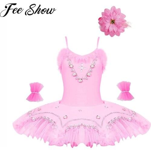 Kids Girls Spaghetti Straps Faux Fur Rhinestone Sequins Beads Knitted Lace Adorned Open Upper Back Ballet Leotard Tutu Dress