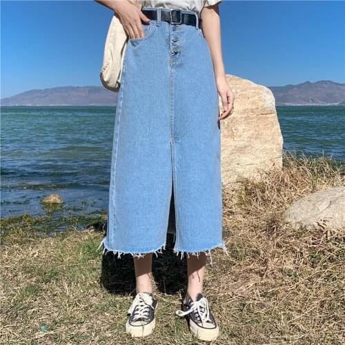 High Waist Long Denim Skirt Women 2021 New Arrivals Blue Tassel Slit Casual Jean Skirts Ladies Jupe Longue Femme Plus Size L-4XL