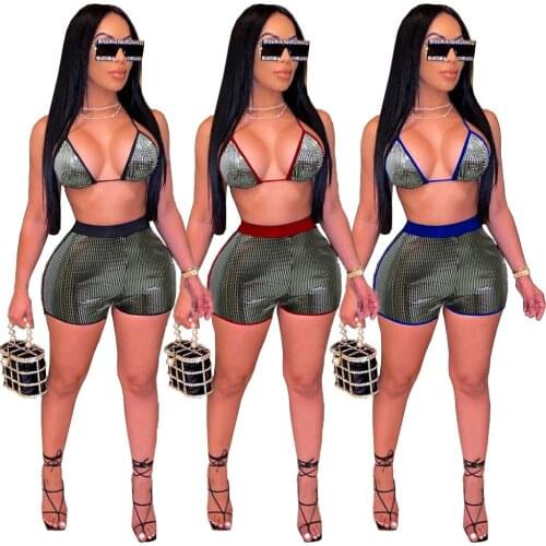 Echoine Sexy Shiny Print Two Piece Set Backless Crop Top Biker Shorts Summer Outfits Women Vacation Beachwear Matching Sets