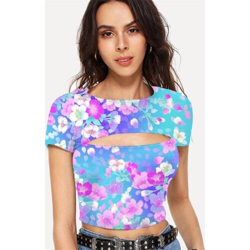 Somepet Flower T shirt Women Colorful Hollow Out T shirts Romantic Navel Bare Gradient T-shirts 3d Short Sleeve Punk Rock