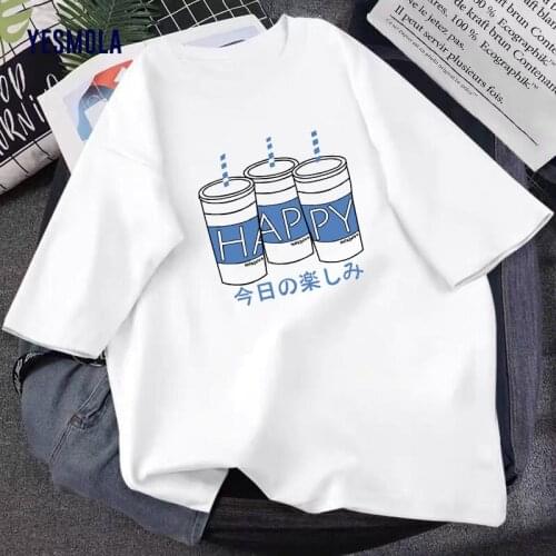 YESMOLA Womens T-shirt Happy Drink Design Simple Korean Harajuku Shirt O-Neck Top Printed Short Sleeve T-shirt Quality Unisex