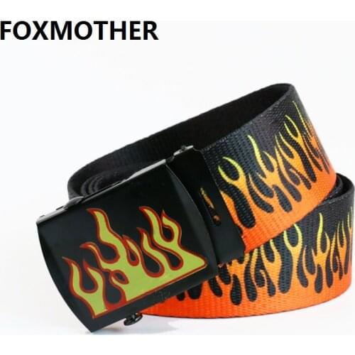 FOXMOTHER 2020 Punk Hip-hop Flame Print Canvas Belt Women Men Nylon Jeans Waist Belt Ladies Male