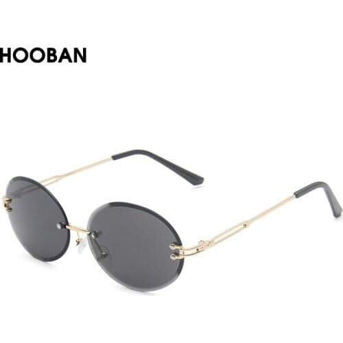 HOOBAN Classic Oval Women Sunglasses Men Fashion Round Rimless Sun Glasses Female Vintage Ocean Color Outdoor Eyeglasses UV400