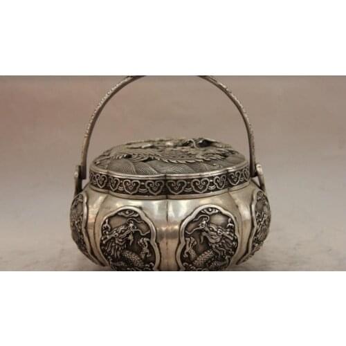 China White Copper Silver Buddhism Temple Dragon Phoenix Incense Burner Censer