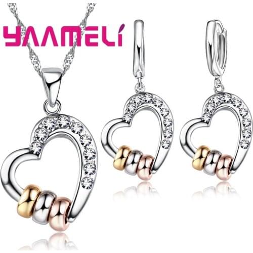 Elegant Christmas Gift Fine 925 Sterling Silver Hoop Earrings Pendant Necklace Sets Clear Shining Austrian Crystal Paved