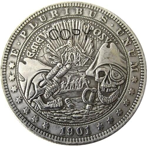 US Hobo 1901 Morgan Dollar zombie skeleton Hand Carved Silver Plated Copy Coins