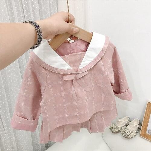 Preppy Girls Kids JK Uniform 2pcs Clothes Set Autumn Long Sleeve Children T-shirt Tops+Pleated Skirt Student Plaided Suit ADK404