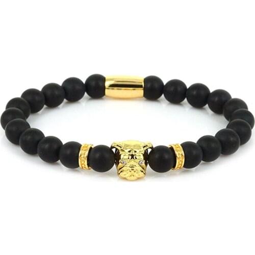 Lucky Gem New Design 8mm Onyx Matte Nature Stone Beads with Gold Silver and Rose Bulldog Charm Mens Bracelets