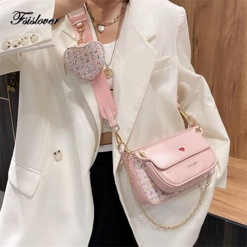 Fashion Solid Color PU Leather Shoulder Messenger Bag INS Blogger Crossbody Bags Women Handbags 3 Sets Evening Clutch Purse