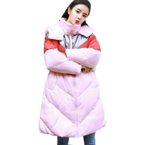 Fashion Pink Stitching Bright Color Down Jacket 2018 Winter Jacket Women Coat Long Padded Female Parka Manteau Femme Hiver LS37