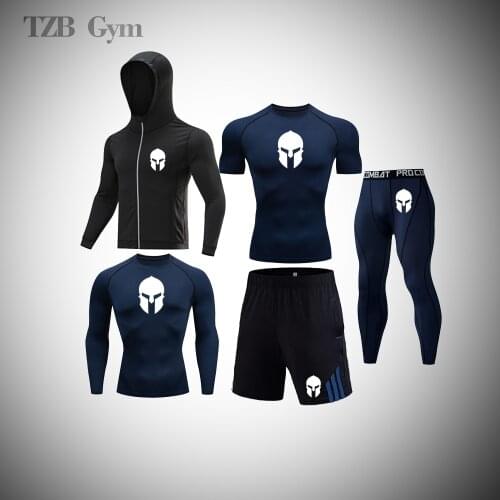 Mens Spartan Classic Training Fitness Gym Sports Suit Air Compression Sweat Wicking Tight Jogging T-Shirt And Shorts