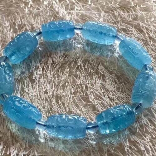 Certificate Natural Blue Aquamarine Women Carved Clear Barrel Beads Bracelet 18*11mm Stretch AAAAAA