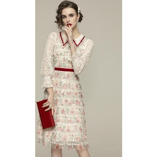 2021 New Vintage Mesh Flower Print Patchwork Party Dress Spring Womens Long Sleeve Slim Waist Elegant Cake Dress