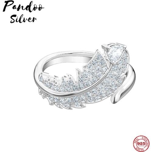 PANDOO Fashion Charm Pure 925 Silver Original 1:1 Copy, Light White Feather Fashion Wild Ring Ring Female Luxury Jewelry Gifts