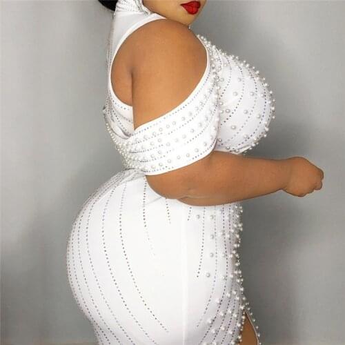 Plus Size Dresses High Waist Sexy Party Dress Womens Turtleneck Bodycon Mini Dress with Pearl Ladies xxxxl Dropshipping