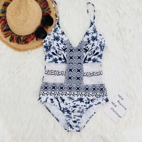 Blue and white swimsuit hollow out one piece swimwear mesh bathing suit print bodysuit female swimming suits bathers beachwear