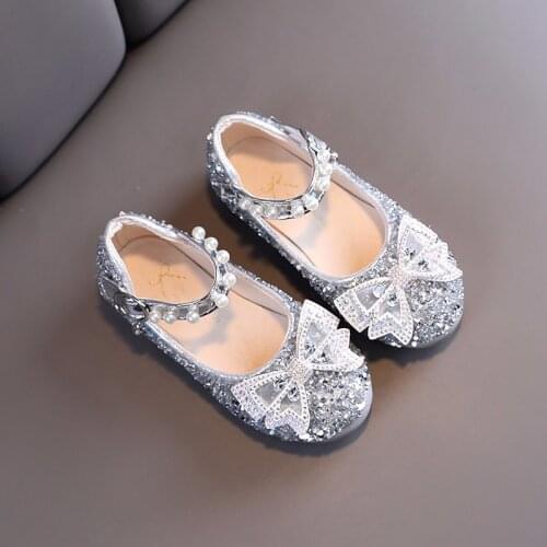 Girls Single Shoes 2021 Casual Dance Shoes Bow-knot Kids Sandals Performance Princess Shoes Anti-kick Sequined for Wedding Sweet